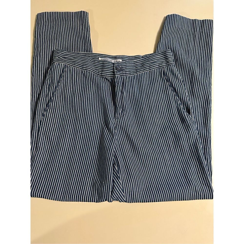 Zara Basic womens Striped Blue and White Trouser Pants Ankle Length Cotton Sz 2